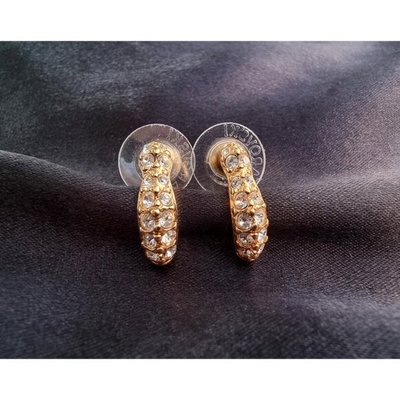 Vintage SWAROVSKI Signed Gold Tone Crystal Tiny Half Hoop Earrings - Picture 4 of 5